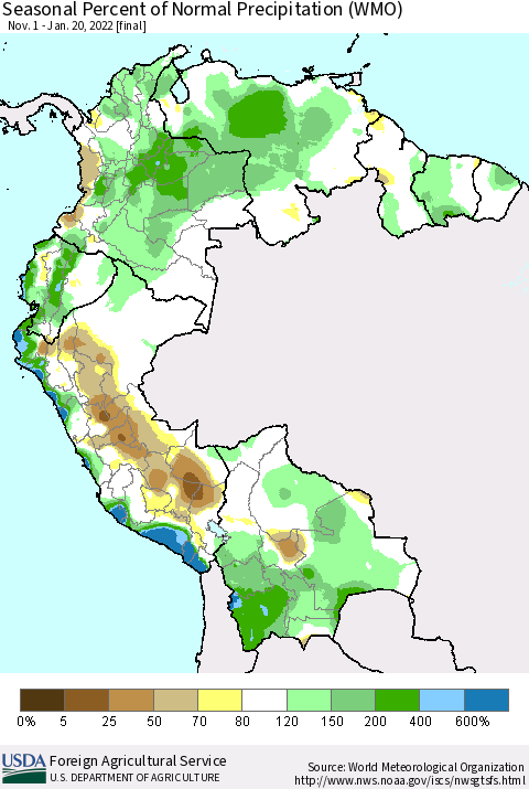 Northern South America Seasonal Percent of Normal Precipitation (WMO) Thematic Map For 11/1/2021 - 1/20/2022