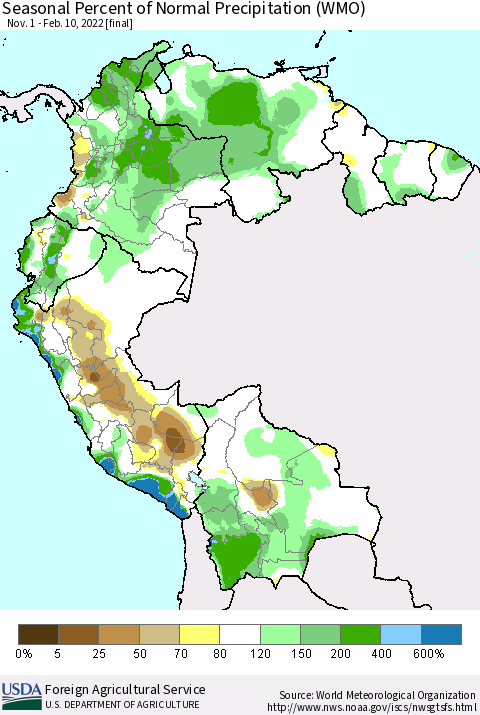 Northern South America Seasonal Percent of Normal Precipitation (WMO) Thematic Map For 11/1/2021 - 2/10/2022