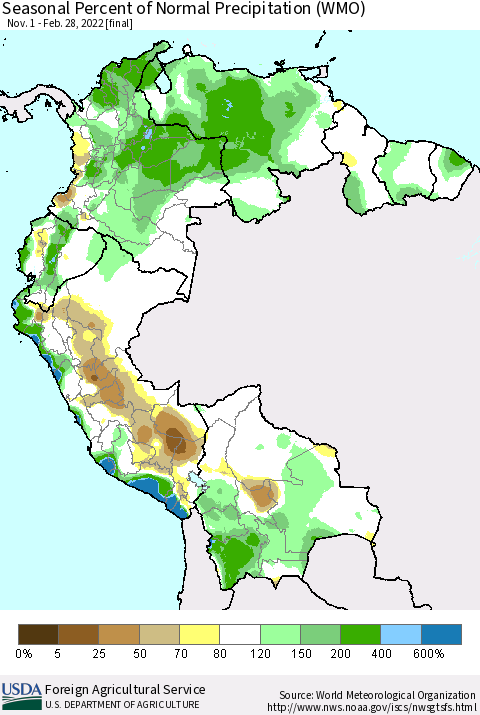Northern South America Seasonal Percent of Normal Precipitation (WMO) Thematic Map For 11/1/2021 - 2/28/2022