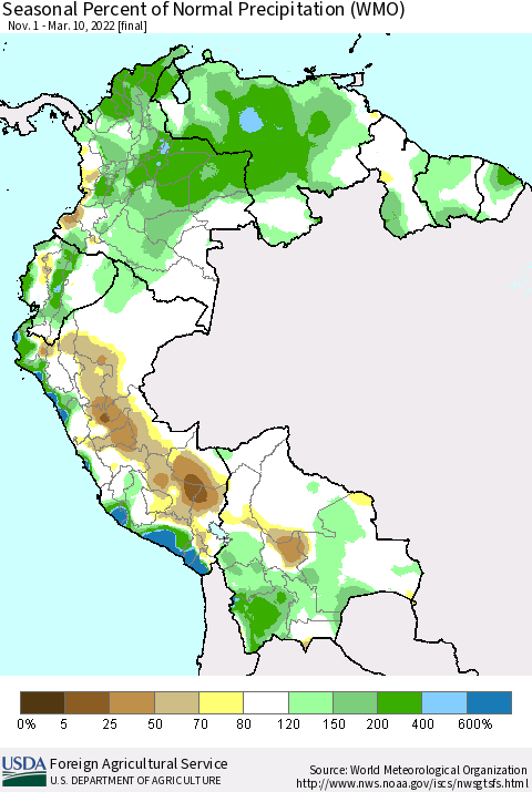 Northern South America Seasonal Percent of Normal Precipitation (WMO) Thematic Map For 11/1/2021 - 3/10/2022