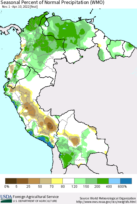 Northern South America Seasonal Percent of Normal Precipitation (WMO) Thematic Map For 11/1/2021 - 4/10/2022
