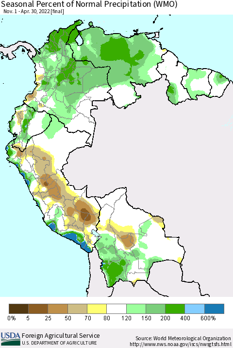 Northern South America Seasonal Percent of Normal Precipitation (WMO) Thematic Map For 11/1/2021 - 4/30/2022