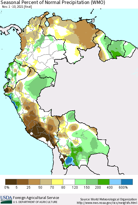 Northern South America Seasonal Percent of Normal Precipitation (WMO) Thematic Map For 11/1/2021 - 11/10/2021