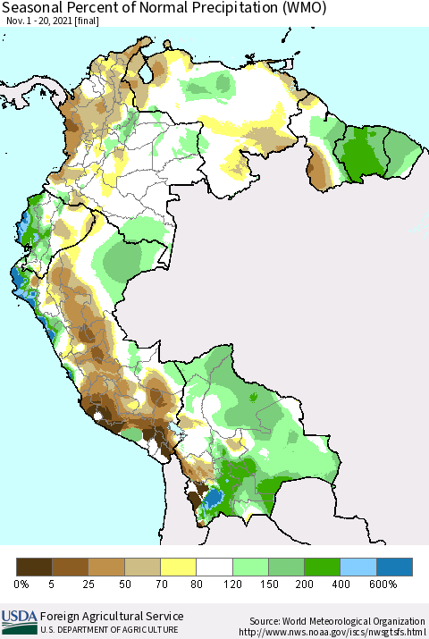 Northern South America Seasonal Percent of Normal Precipitation (WMO) Thematic Map For 11/1/2021 - 11/20/2021