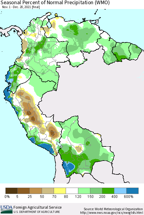 Northern South America Seasonal Percent of Normal Precipitation (WMO) Thematic Map For 11/1/2021 - 12/20/2021