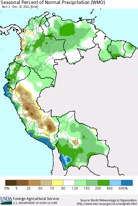 Northern South America Seasonal Percent of Normal Precipitation (WMO) Thematic Map For 11/1/2021 - 12/31/2021