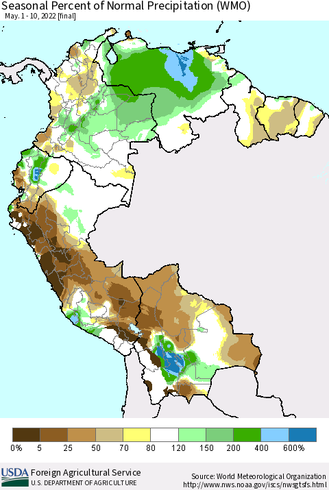Northern South America Seasonal Percent of Normal Precipitation (WMO) Thematic Map For 5/1/2022 - 5/10/2022