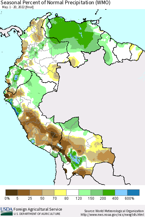 Northern South America Seasonal Percent of Normal Precipitation (WMO) Thematic Map For 5/1/2022 - 5/20/2022