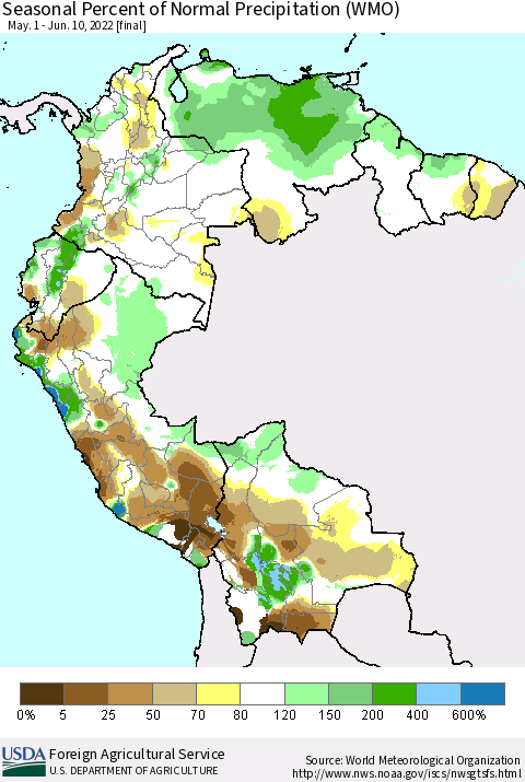 Northern South America Seasonal Percent of Normal Precipitation (WMO) Thematic Map For 5/1/2022 - 6/10/2022