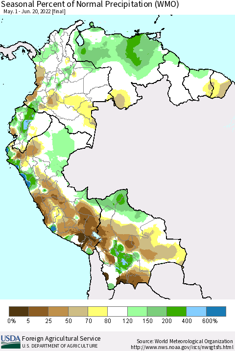 Northern South America Seasonal Percent of Normal Precipitation (WMO) Thematic Map For 5/1/2022 - 6/20/2022