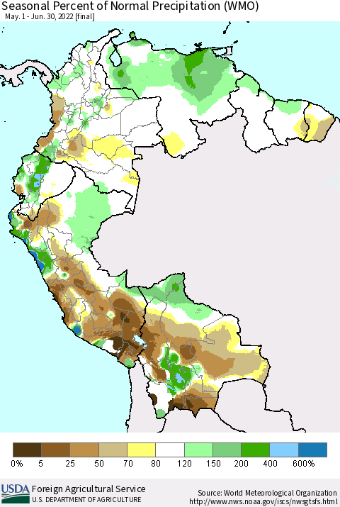 Northern South America Seasonal Percent of Normal Precipitation (WMO) Thematic Map For 5/1/2022 - 6/30/2022