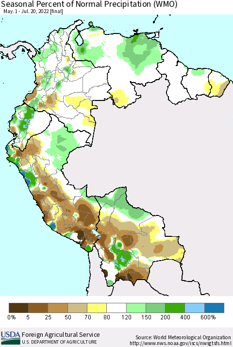 Northern South America Seasonal Percent of Normal Precipitation (WMO) Thematic Map For 5/1/2022 - 7/20/2022