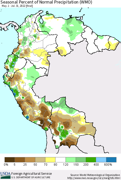 Northern South America Seasonal Percent of Normal Precipitation (WMO) Thematic Map For 5/1/2022 - 7/31/2022