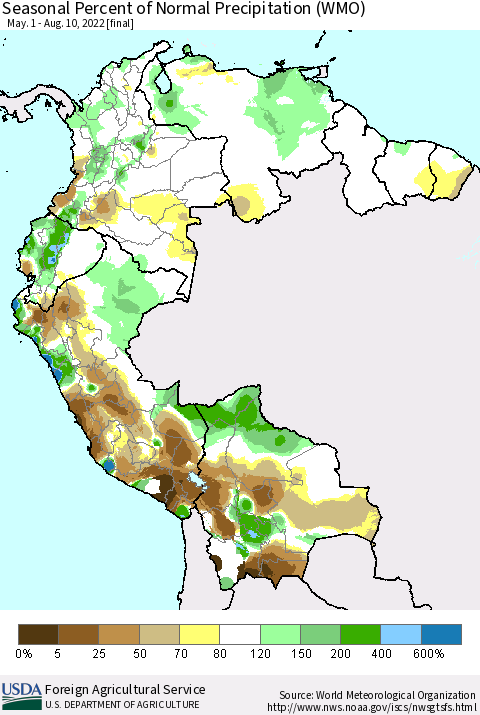 Northern South America Seasonal Percent of Normal Precipitation (WMO) Thematic Map For 5/1/2022 - 8/10/2022