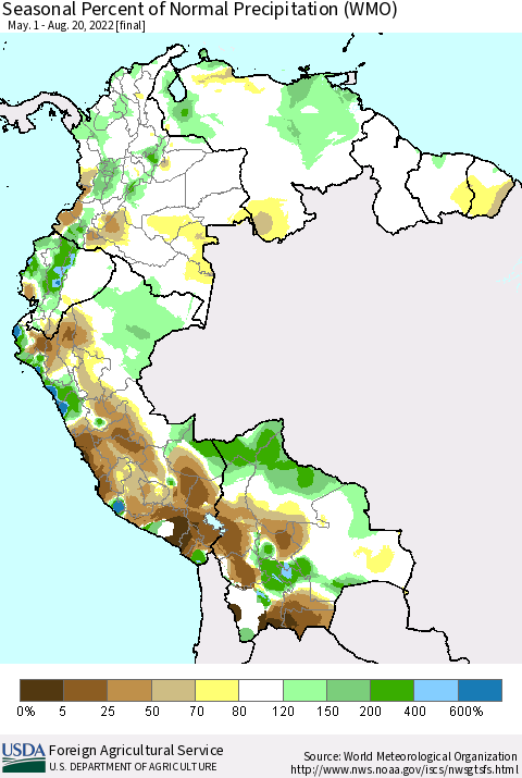 Northern South America Seasonal Percent of Normal Precipitation (WMO) Thematic Map For 5/1/2022 - 8/20/2022