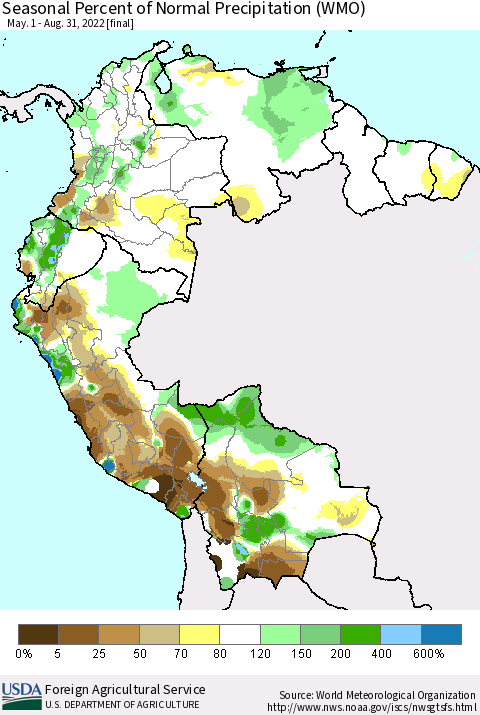 Northern South America Seasonal Percent of Normal Precipitation (WMO) Thematic Map For 5/1/2022 - 8/31/2022