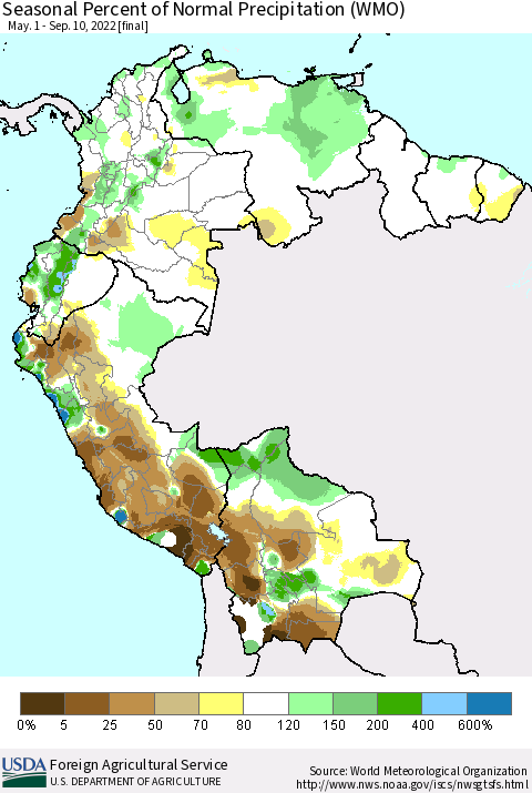 Northern South America Seasonal Percent of Normal Precipitation (WMO) Thematic Map For 5/1/2022 - 9/10/2022