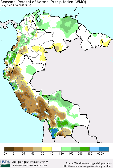 Northern South America Seasonal Percent of Normal Precipitation (WMO) Thematic Map For 5/1/2022 - 10/10/2022