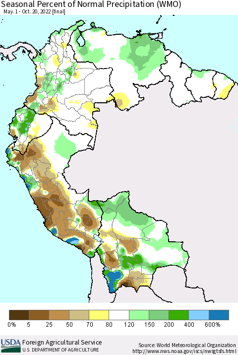 Northern South America Seasonal Percent of Normal Precipitation (WMO) Thematic Map For 5/1/2022 - 10/20/2022