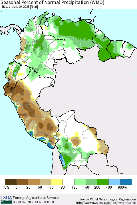 Northern South America Seasonal Percent of Normal Precipitation (WMO) Thematic Map For 11/1/2022 - 1/10/2023