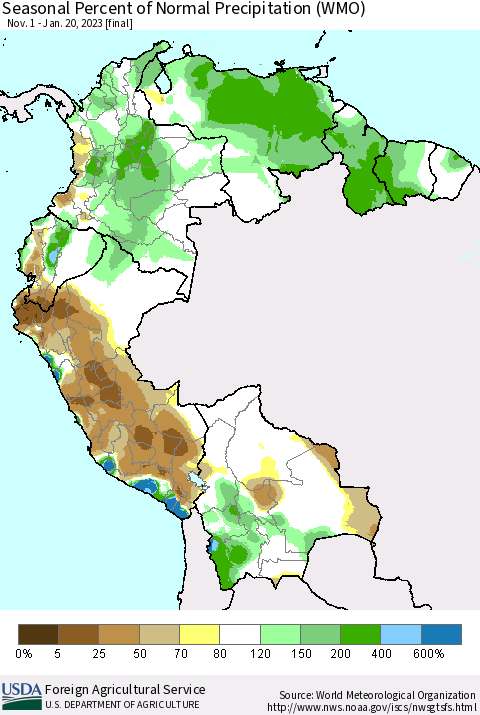 Northern South America Seasonal Percent of Normal Precipitation (WMO) Thematic Map For 11/1/2022 - 1/20/2023