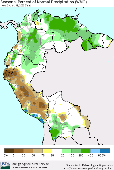 Northern South America Seasonal Percent of Normal Precipitation (WMO) Thematic Map For 11/1/2022 - 1/31/2023
