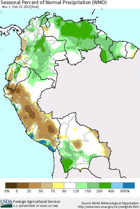 Northern South America Seasonal Percent of Normal Precipitation (WMO) Thematic Map For 11/1/2022 - 2/10/2023