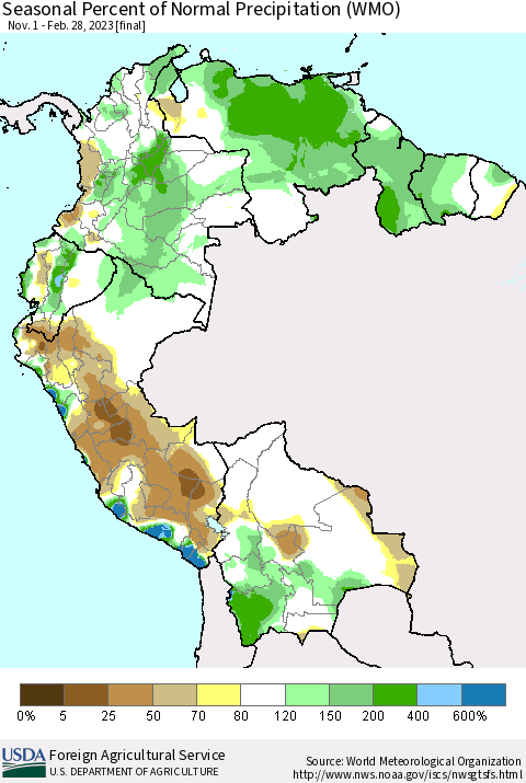 Northern South America Seasonal Percent of Normal Precipitation (WMO) Thematic Map For 11/1/2022 - 2/28/2023
