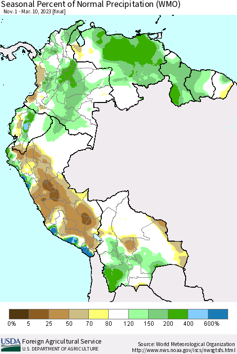 Northern South America Seasonal Percent of Normal Precipitation (WMO) Thematic Map For 11/1/2022 - 3/10/2023