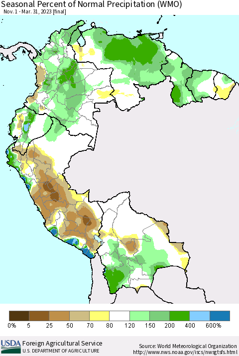 Northern South America Seasonal Percent of Normal Precipitation (WMO) Thematic Map For 11/1/2022 - 3/31/2023