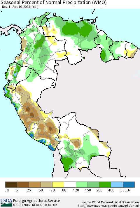 Northern South America Seasonal Percent of Normal Precipitation (WMO) Thematic Map For 11/1/2022 - 4/10/2023
