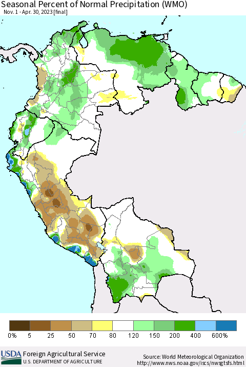 Northern South America Seasonal Percent of Normal Precipitation (WMO) Thematic Map For 11/1/2022 - 4/30/2023