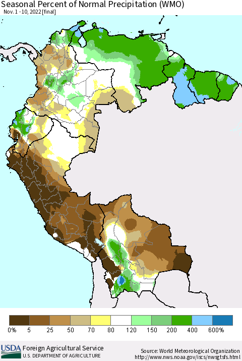 Northern South America Seasonal Percent of Normal Precipitation (WMO) Thematic Map For 11/1/2022 - 11/10/2022