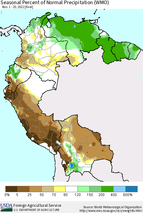 Northern South America Seasonal Percent of Normal Precipitation (WMO) Thematic Map For 11/1/2022 - 11/20/2022