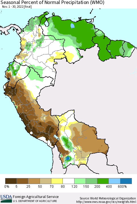 Northern South America Seasonal Percent of Normal Precipitation (WMO) Thematic Map For 11/1/2022 - 11/30/2022