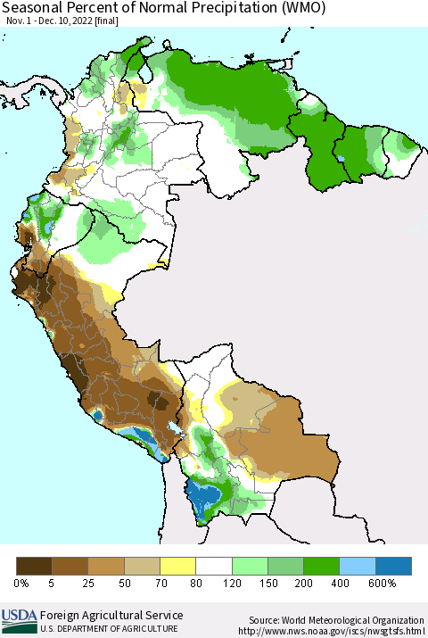 Northern South America Seasonal Percent of Normal Precipitation (WMO) Thematic Map For 11/1/2022 - 12/10/2022