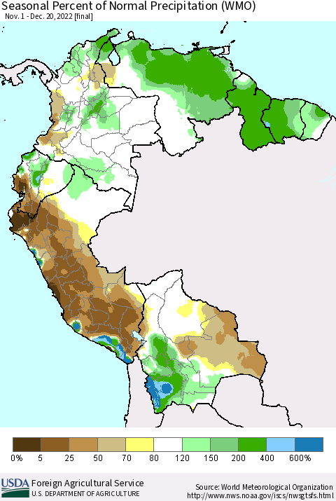 Northern South America Seasonal Percent of Normal Precipitation (WMO) Thematic Map For 11/1/2022 - 12/20/2022