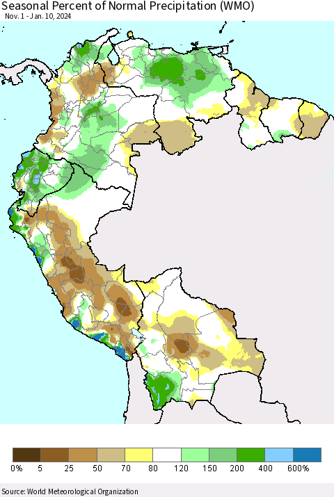 Northern South America Seasonal Percent of Normal Precipitation (WMO) Thematic Map For 11/1/2023 - 1/10/2024