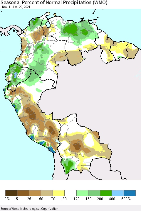 Northern South America Seasonal Percent of Normal Precipitation (WMO) Thematic Map For 11/1/2023 - 1/20/2024