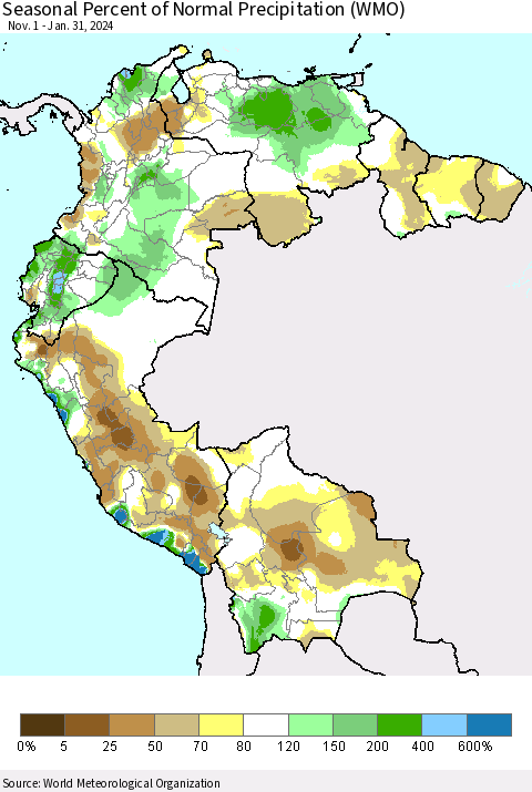 Northern South America Seasonal Percent of Normal Precipitation (WMO) Thematic Map For 11/1/2023 - 1/31/2024