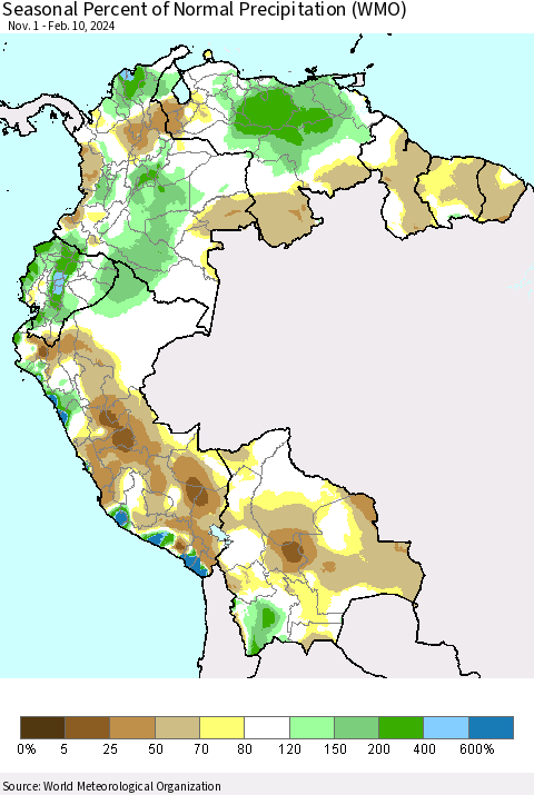 Northern South America Seasonal Percent of Normal Precipitation (WMO) Thematic Map For 11/1/2023 - 2/10/2024