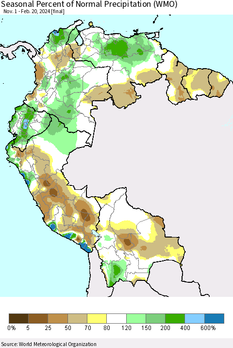 Northern South America Seasonal Percent of Normal Precipitation (WMO) Thematic Map For 11/1/2023 - 2/20/2024