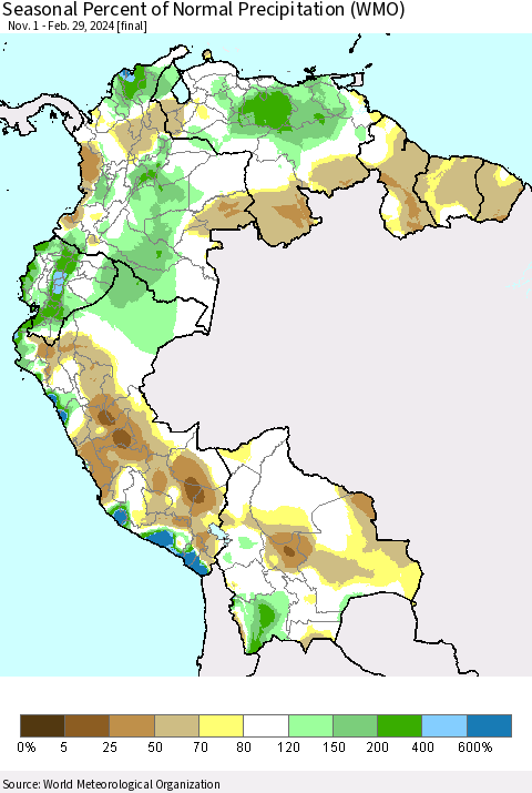 Northern South America Seasonal Percent of Normal Precipitation (WMO) Thematic Map For 11/1/2023 - 2/29/2024