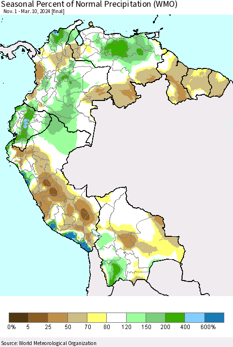 Northern South America Seasonal Percent of Normal Precipitation (WMO) Thematic Map For 11/1/2023 - 3/10/2024