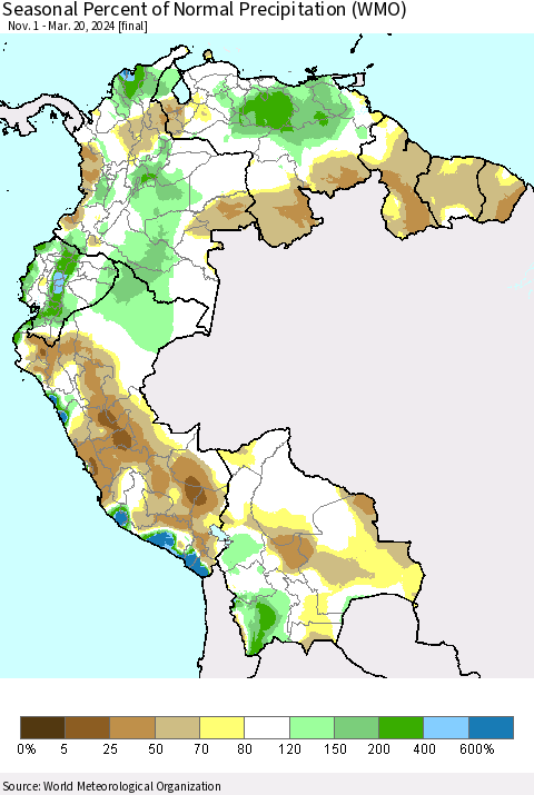 Northern South America Seasonal Percent of Normal Precipitation (WMO) Thematic Map For 11/1/2023 - 3/20/2024