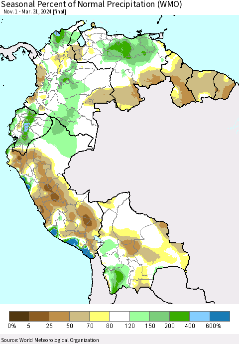 Northern South America Seasonal Percent of Normal Precipitation (WMO) Thematic Map For 11/1/2023 - 3/31/2024