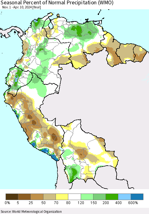 Northern South America Seasonal Percent of Normal Precipitation (WMO) Thematic Map For 11/1/2023 - 4/10/2024