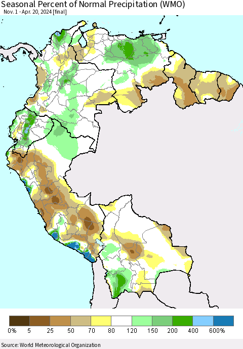 Northern South America Seasonal Percent of Normal Precipitation (WMO) Thematic Map For 11/1/2023 - 4/20/2024