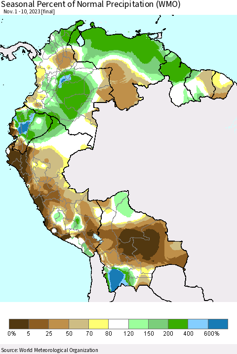 Northern South America Seasonal Percent of Normal Precipitation (WMO) Thematic Map For 11/1/2023 - 11/10/2023