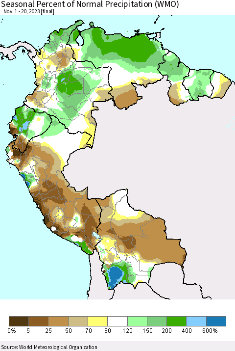 Northern South America Seasonal Percent of Normal Precipitation (WMO) Thematic Map For 11/1/2023 - 11/20/2023